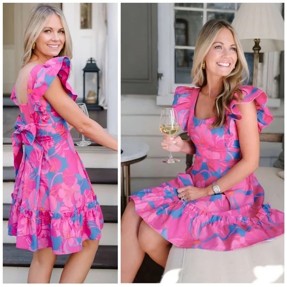 Tuckernuck Dresses & Skirts - Tuckernuck Cameran Eubanks Linen Pink Blue Floral Wild Azalea Edisto Dress XXS